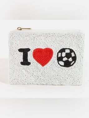 Beaded 'I ♥ Soccer' White Zip Pouch Wallet